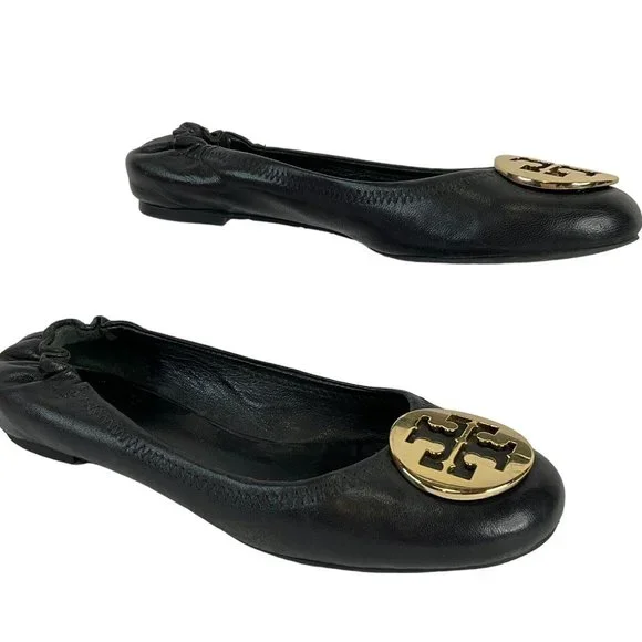 Tory Burch Shoes Womens Size 7.5 Black Minnie Travel Ballet Flat Napa Leather - Picture 2 of 16